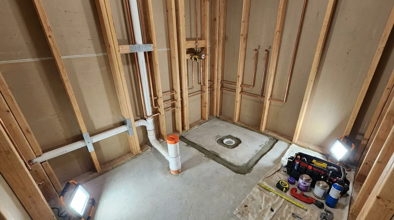 Bathroom rough-in plumbing during remodel by Johns Plumbing LLC in Muskegon