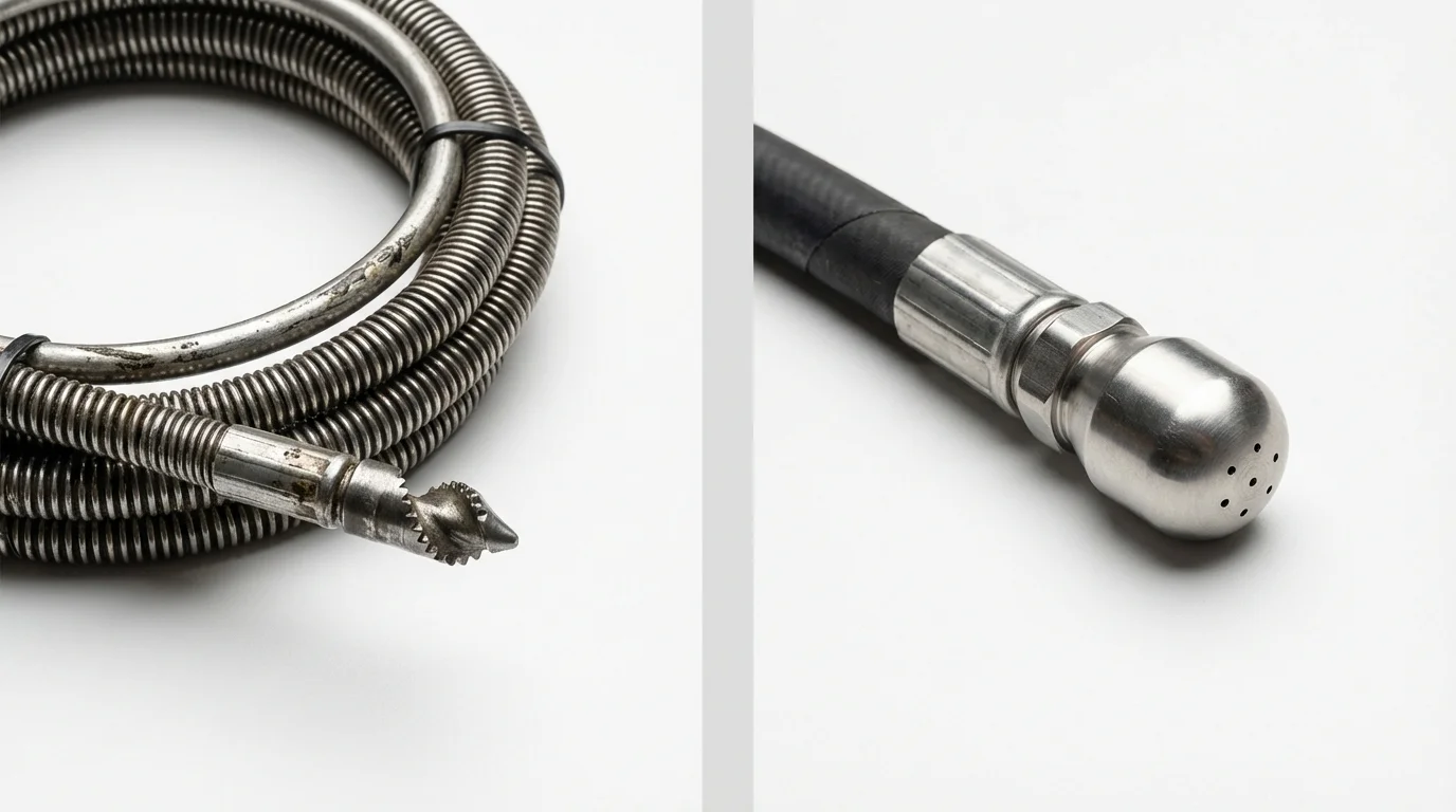 Drain snake cable and hydro jetting nozzle used for drain cleaning in Muskegon, MI