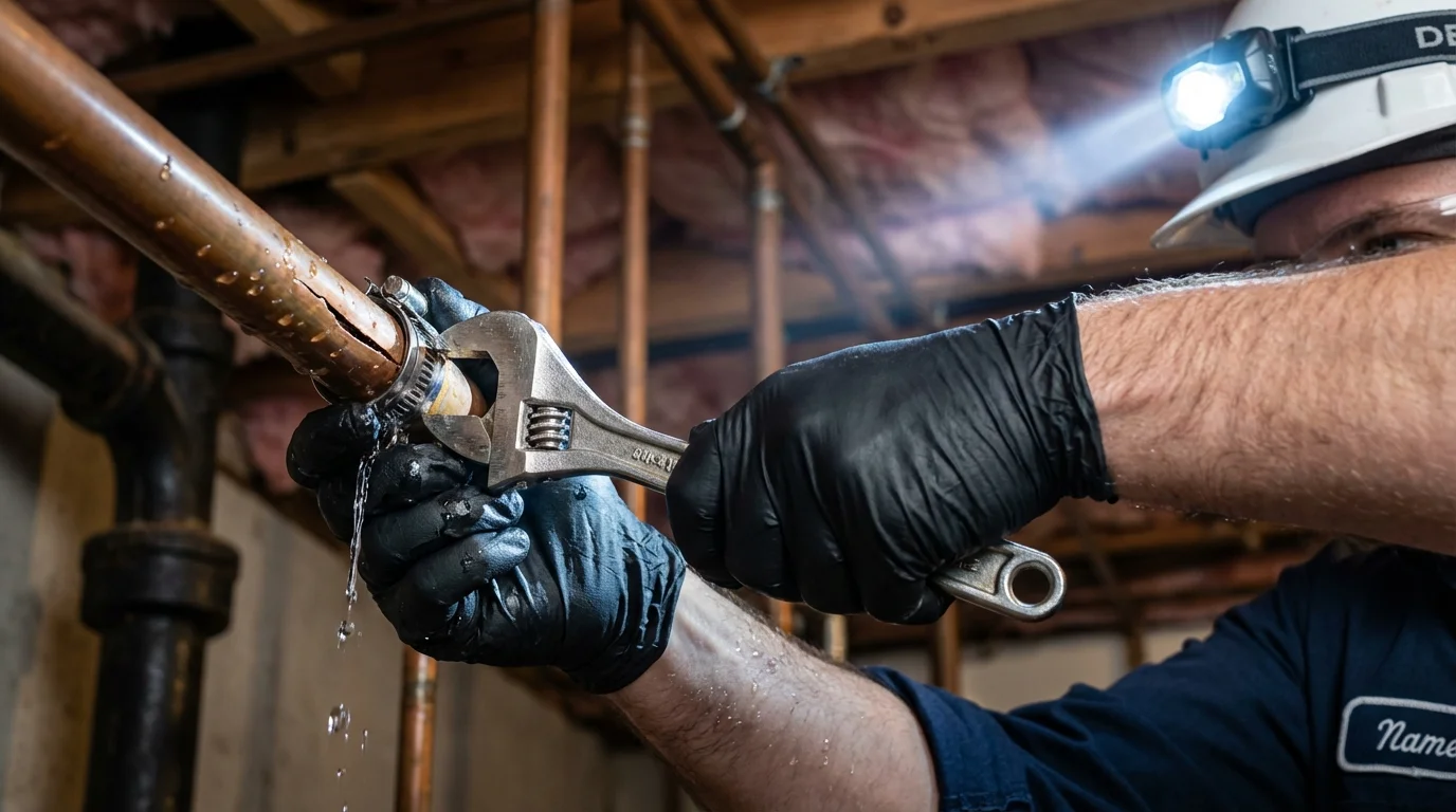 Emergency pipe clamp repair being performed by a Johns Plumbing LLC plumber in Muskegon