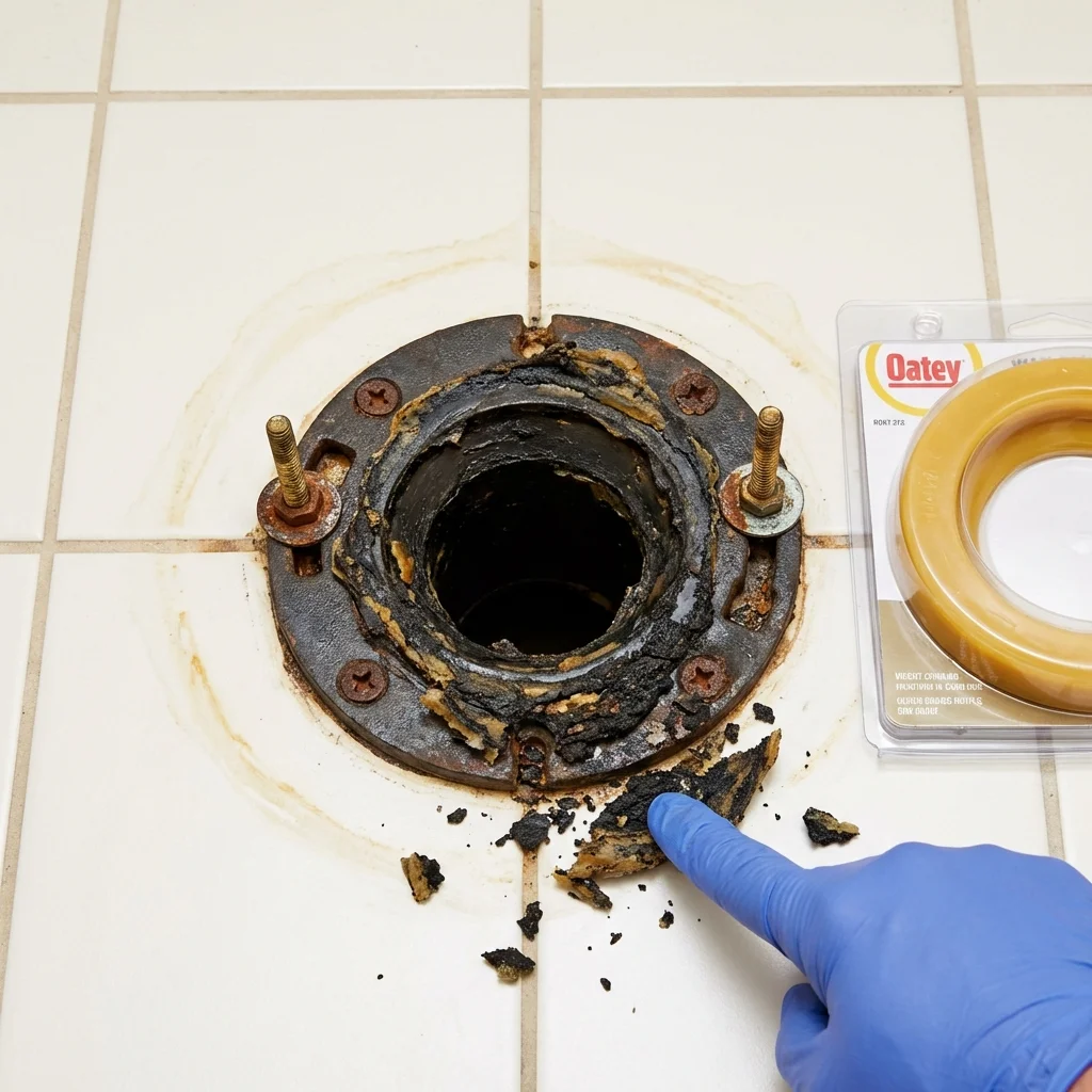 Failed wax ring showing water seepage at the base of a toilet in a Muskegon, MI home
