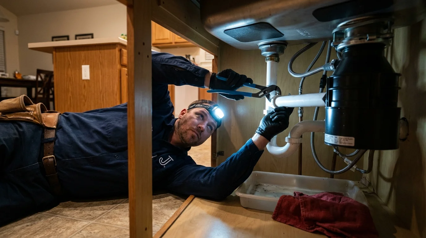 P-trap and supply line connections under a kitchen sink showing a common leak point in Muskegon, MI